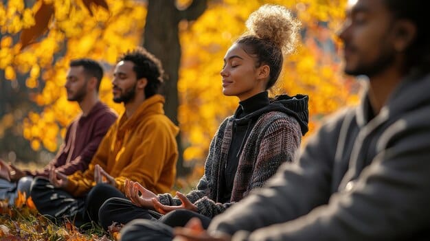 A serene image of a person practicing meditation or mindfulness with a diverse group of supportive individuals in the background, subtly suggesting well-being benefits and employer support for mental health, possibly indoors with natural light.