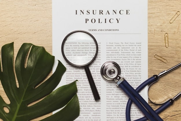 A magnifying glass hovering over detailed health insurance policy documents, highlighting terms related to mental health and medical coverage.