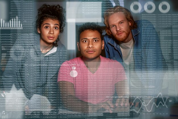 A diverse group of people, symbolizing global health, looking at a transparent digital interface displaying interconnected health data and genetic sequences, representing collaborative, accessible personalized medicine.