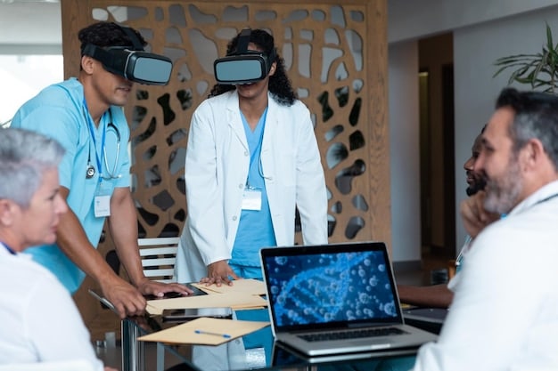 A diverse group of healthcare professionals collaboratively working with an AI interface, symbolizing AI's role in augmenting the workforce and improving efficiency. The image should convey collaboration and positive impact.