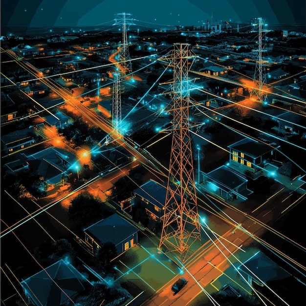 A detailed diagram showing interconnected digital networks, with nodes representing critical infrastructure sectors like energy, finance, and healthcare, and lines indicating data flow and potential threat pathways.