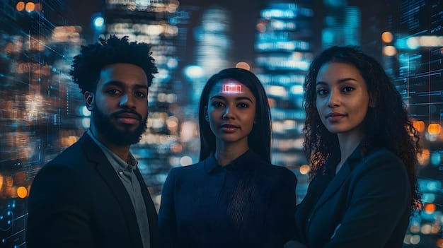 A diverse group of cybersecurity professionals, some in suits and some in more casual tech attire, engaging in a collaborative meeting around a large digital display showing network diagrams and threat flows, symbolizing inter-agency and public-private cooperation.