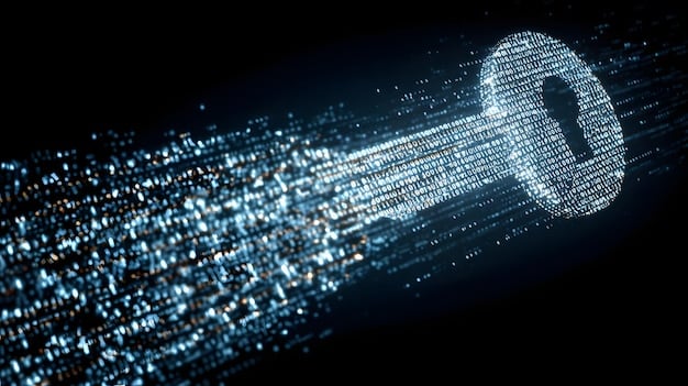 A flowing abstract representation of data, with lock icons and security shields, symbolizing the protection of digital information under new regulations.