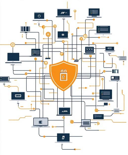 A detailed network diagram overlaid with padlock icons, illustrating the secure flow of data within a complex system and regulatory compliance.