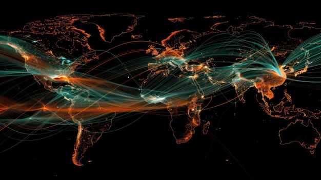 A digital heat map showing global trade routes with darker, brighter areas indicating severe congestion or bottlenecks, overlaid with rising economic graphs in the US. The image should visually connect supply chain issues with economic impact.
