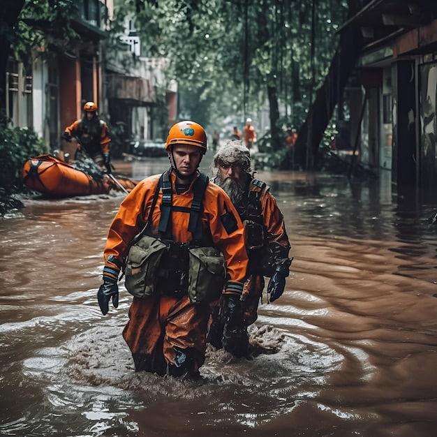 A photograph of rescue workers assisting people from a flooded area during a declared national emergency, showcasing the direct impact of 'National Emergency Declared: Severe Weather Events Cause Widespread Disruption Across US', with the rescue team in bright orange gear helping a family into a boat amidst rising floodwaters.