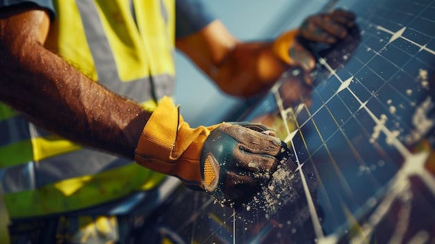 A detailed image of a person working on a solar panel installation. The panel is shiny and new, reflecting the sunlight. The person is wearing safety gear and tools are visible nearby. The background shows a suburban neighborhood, illustrating the integration of solar energy into residential areas.