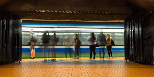 A modern, clean, and brightly lit subway station with people waiting on the platform. A sleek, new train is pulling into the station. The image represents the future of public transportation envisioned by the New Legislation Alert: Congress Passes Bill to Modernize US Infrastructure - Key Provisions.