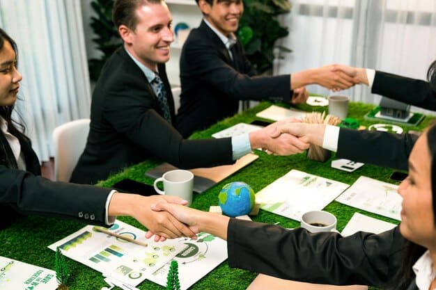 A group of world leaders at a climate summit, shaking hands after signing an agreement. The photo symbolizes international cooperation in combating climate change and reflects a commitment related to Breaking News: Major Developments in US Efforts to Combat Climate Change.