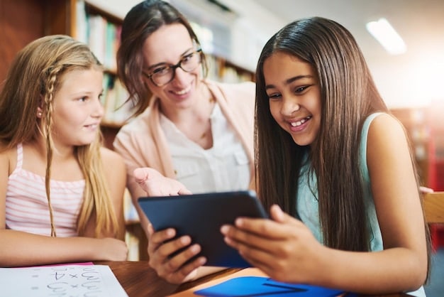 A photo showcasing a teacher interacting with a student using a tablet in a classroom. The focus is on the one-on-one interaction and the use of technology to enhance learning.