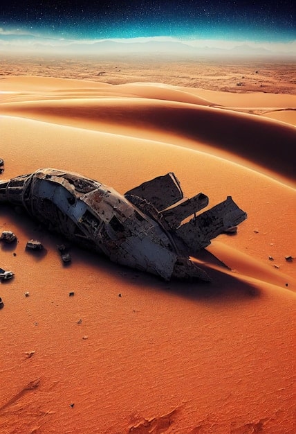 Uma imagem da Starship da SpaceX pousando na superfície de Marte com uma colônia marciana em expansão ao fundo, gerando uma sensação de futuro da exploração espacial liderada por colaborações comerciais. Incluir visual elements that symbolize Critical Analysis: The Future of US Space Exploration - New Missions and Technologies