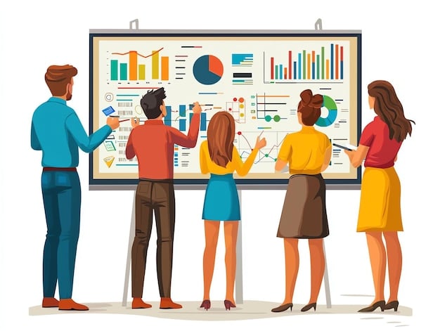 A diverse group of professionals are engaged in a workshop, actively participating in a discussion about digital transformation, with a whiteboard displaying technical terms and flowcharts.
