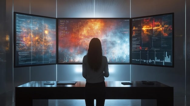 A person sitting in front of multiple screens, visually interpreting complex data visualizations while a holographic interface shows AI algorithms working in the background, representing data literacy and human-AI collaboration.