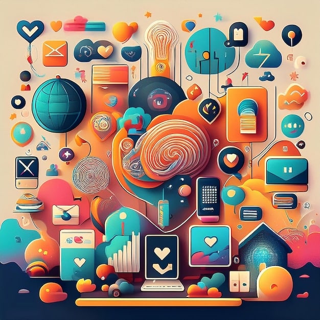 A vibrant, abstract illustration depicting digital marketing concepts, with interconnected icons representing SEO, social media, content creation, and analytics, all flowing towards a central growth arrow.