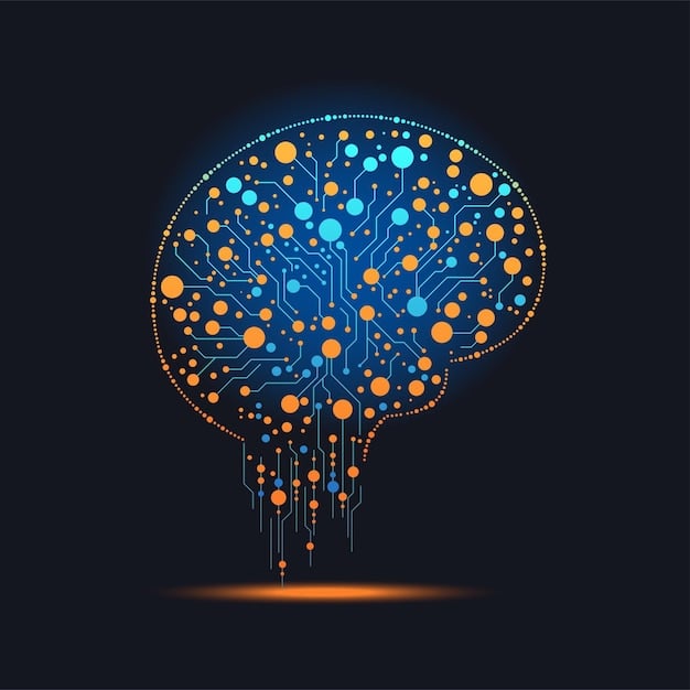 A stylized brain graphic with interconnected nodes, symbolizing neural networks and machine learning algorithms. Code snippets and data visualizations surround the brain, highlighting the integration of AI into various fields and the importance of 