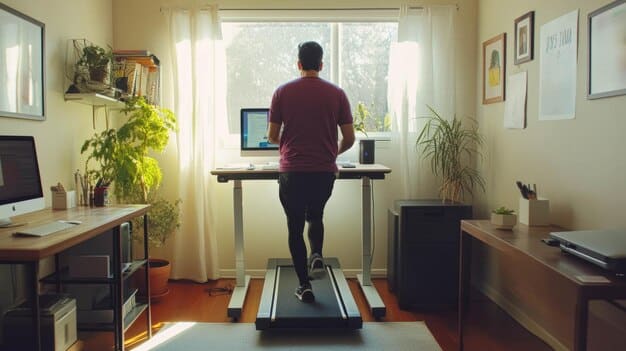 A person working at a desk but also exercising on a treadmill at the same time.