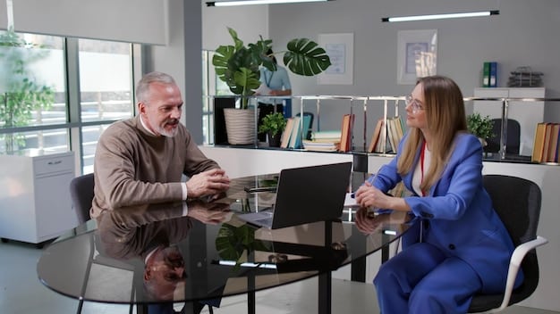 A mediator facilitating a discussion between two employees in a modern office. The mediator is actively listening and taking notes, while the employees are expressing their points of view calmly. The scene is well-lit and professional, underscoring the importance of structured conflict resolution in the workplace. Subtly visible is a whiteboard with notes on Conflict Resolution in the Workplace: Strategies for Handling Difficult Situations.