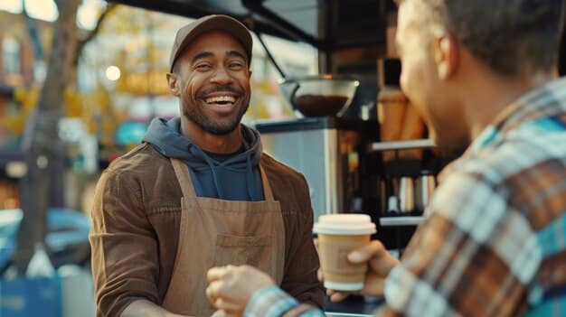 A veteran small business owner proudly standing in front of his bustling coffee shop, discussing plans with a business advisor. The shop has a warm, inviting atmosphere with customers enjoying their beverages.