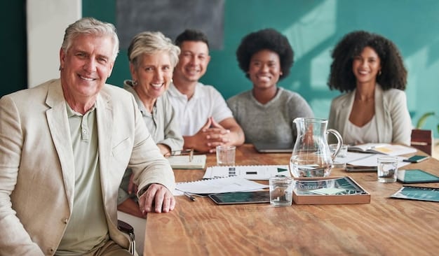 A diverse group of retirees participating in a financial planning workshop, focused on coordinating various income streams with Social Security. The setting is a community center, emphasizing accessibility and community support for How to Maximize Your Social Security Benefits in 2025: An Insider's Guide.