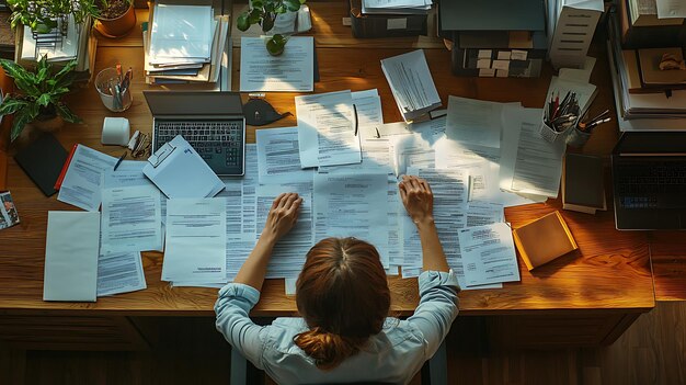 A person sitting at a desk with various tax documents spread out, including W-2 forms, receipts, and a 1040 form. The person is using a calculator and a laptop to work on their taxes. The scene is bright and organized, conveying a sense of preparedness, relevant to 'How to Claim Your 2025 Tax Credits and Deductions: A Step-by-Step Guide'.