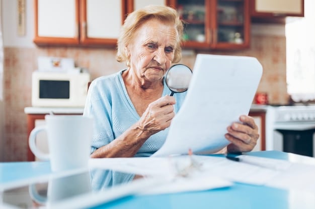 A senior citizen looking concerned while reviewing medical bills, with a magnifying glass highlighting the increasing figures. The setting is a typical home environment, with medication bottles and financial documents in the background. The image conveys the stress of healthcare costs on older adults. Mention 'The Impact of Inflation on US Government Benefits: What to Expect in 2025' in the description.