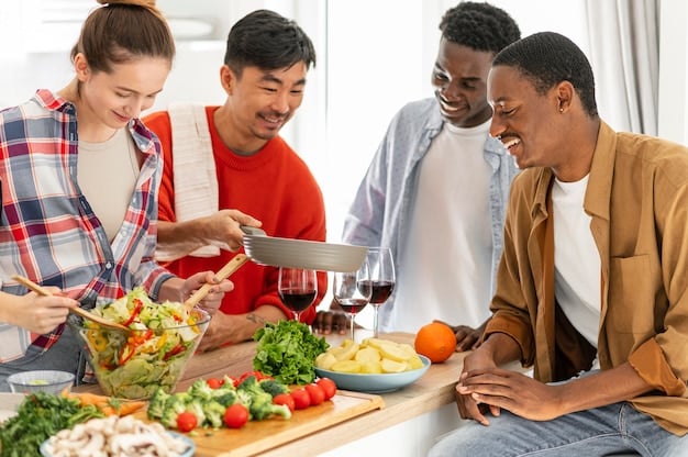 A diverse group of people collaboratively planning meals with healthy ingredients, representing community engagement. Smiling faces highlight a positive approach to nutritional education, supported by programs like New Rules for SNAP Benefits in 2025: What You Need to Know.
