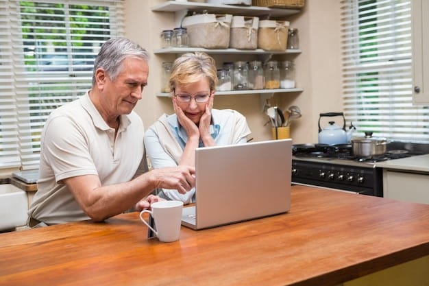 An elderly man and woman sitting at a table, looking at a laptop screen and smiling as they review their finances. The room is bright and cozy with many indoor plants, suggesting care, comfort, and thorough financial planning while learning how to further Maximize Your Retirement Income with These Government Benefits Strategies.