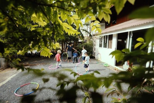 A well-maintained public housing complex with green spaces, a community center, and children playing in a playground. The image portrays the community aspect and the support services often available in public housing. The words 