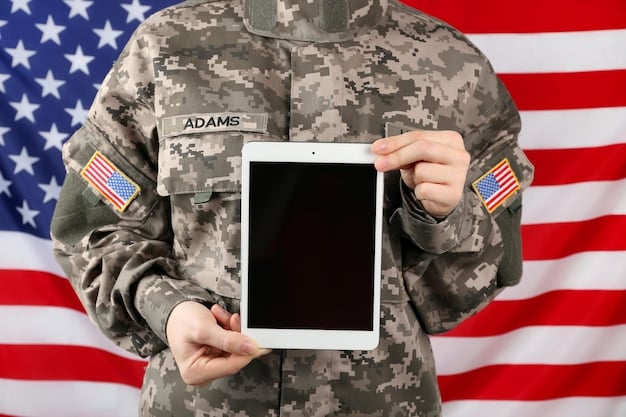 A close-up shot of a veteran's hands holding a tablet displaying information about updated veterans' benefits programs for 2025. The focus is on the screen and the veteran's determined expression.