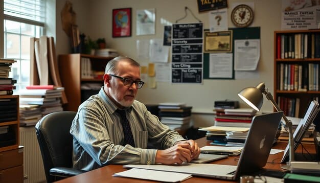 A veteran studying diligently at a desk with books and a laptop. The scene emphasizes the importance of education and training benefits in helping veterans transition to civilian careers and improve their lives.