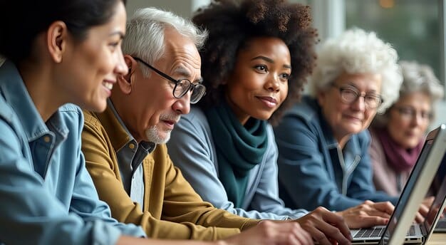 A diverse group of senior citizens participating in a technology training session, learning how to use online portals and digital tools to manage their Social Security benefits. The image conveys empowerment and inclusivity in The Future of Government Benefits in the US: Trends and Predictions for 2025.