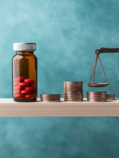 A visual representation of medicine price negotiation, with scales balancing drug costs and patient affordability, possibly with a gavel.