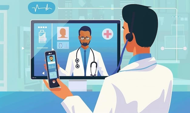 A doctor in a modern clinic consults with a patient via video call, illustrating the expanded reach of telehealth services for addiction treatment. The doctor is empathetic, and the patient appears engaged and comfortable.