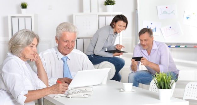 A photograph capturing two seniors consulting with a healthcare advisor in a well-lit office. The advisor is pointing to a document about Medicare plans, emphasizing the importance of carefully choosing options to offset the impact of Understanding the 7% Increase in Medicare Part B Premiums for 2025.