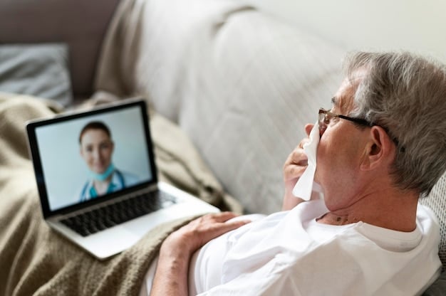 An eye-level shot of a doctor conducting a virtual consultation with an elderly patient from her home. The doctor is attentive and engaged, using a tablet to review medical information. The patient appears comfortable and at ease, sitting in her favorite armchair. The scene is warm and inviting, highlighting the benefits of telehealth for patients with mobility issues. This visual represents Telehealth Expansion: What the Updated Federal Guidelines Mean for Your Access to Care in 2025, showcasing accessible care for seniors.