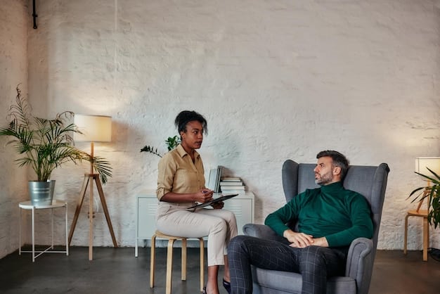 A person is sitting on a couch in a therapist's office, with the therapist listening attentively. The lighting is warm and inviting, creating a safe and supportive atmosphere. This scene represents the importance of accessible and quality mental health care, and the context of 'Mental Health Parity: Are Insurance Companies Finally Meeting Their Obligations in 2025?'.