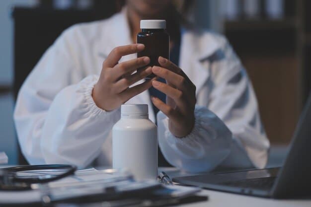 A doctor reviewing a patient's genetic test results on a tablet, with various medication bottles and treatment options displayed around them, illustrating how genetic testing leads to personalized treatment plans in Genetic Testing: Understanding Your Rights and the Potential Impact on Your Healthcare Costs. The scene is modern and high-tech, emphasizing the precision of personalized medicine.