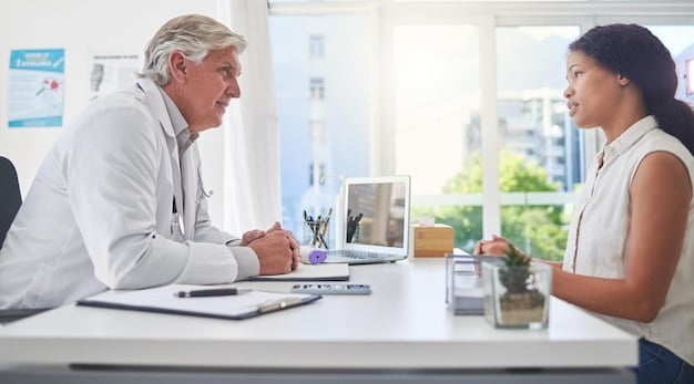 A doctor explaining to a senior patient the details of a Medicare Advantage plan. The environment is a clean and modern medical office.