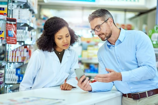 An individual consulting with a pharmacist about affordable medication options and available discounts, emphasizing the importance of communication and seeking professional advice.