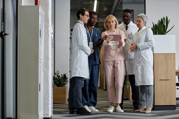 A diverse group of people standing together, symbolizing patient advocacy. A healthcare professional is standing beside them, indicating support. The background is a blurred image of a medical center.