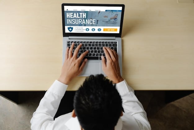 A person using a laptop to compare different health insurance plans with a focus on the deductible, co-pay, and out-of-pocket maximums, related to 'Understanding Your Employee Health Benefits: A Comprehensive Guide for 2025'. The background shows a blurred office environment.