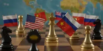 Geopolitical chessboard with national flags symbolizing shifting global power dynamics and US foreign policy.
