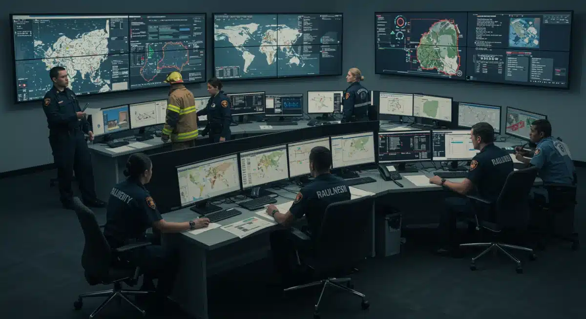 Emergency responders in a command center, coordinating public health crisis response.