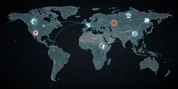 Global map showing interconnected health security networks and emerging threats, highlighting US preparedness.