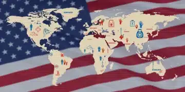 Global map showing humanitarian crisis zones with US aid symbols