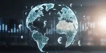Global trade network with financial data, symbolizing US economic strategy and international agreements.