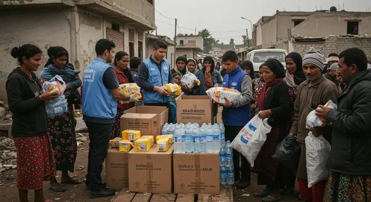 Aid workers distributing relief supplies in a crisis zone