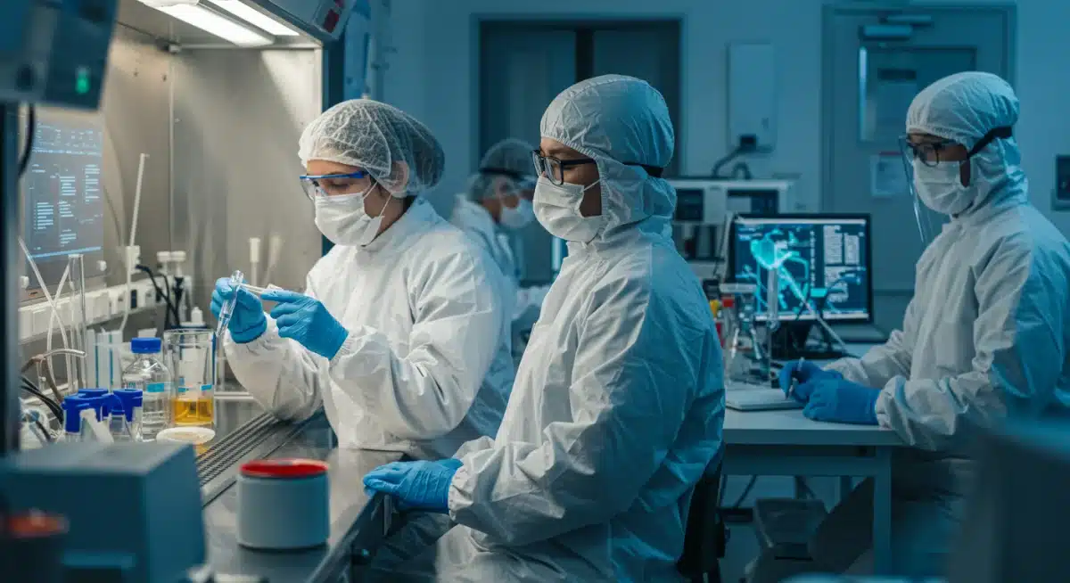 Scientists working in a lab, researching emerging health threats and developing countermeasures.