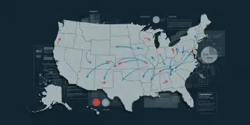 Stylized map of US with migration arrows and policy data, representing future demographic shifts.