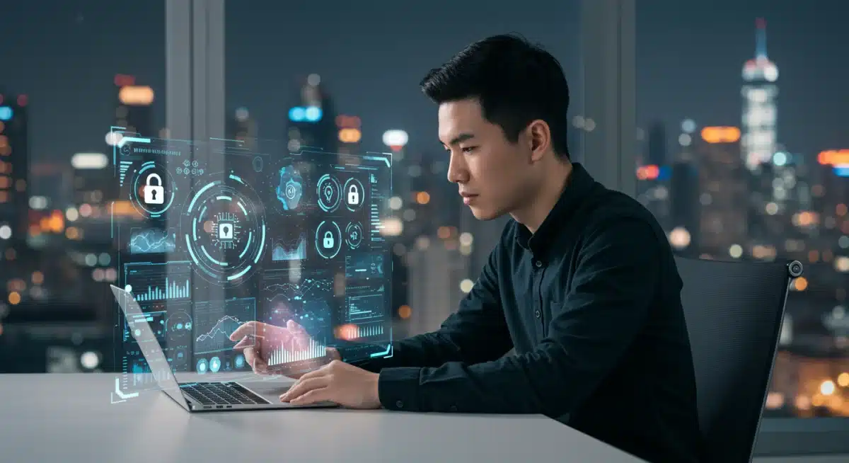 Individual analyzing data with holographic display, symbolizing AI skills